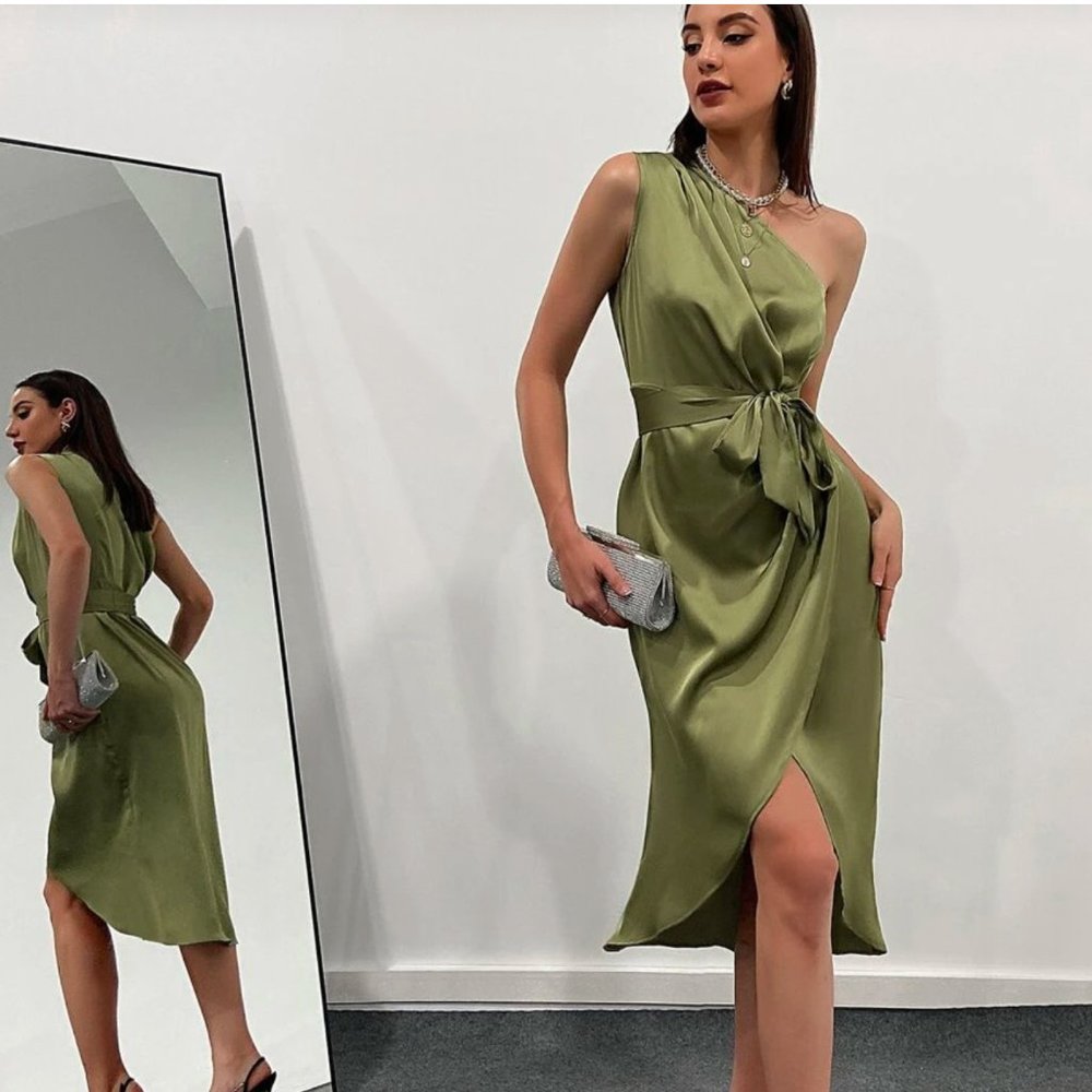 SHEIN - NWT - One Shoulder Wrap Hem Belted Satin Dress - Army Green - Small